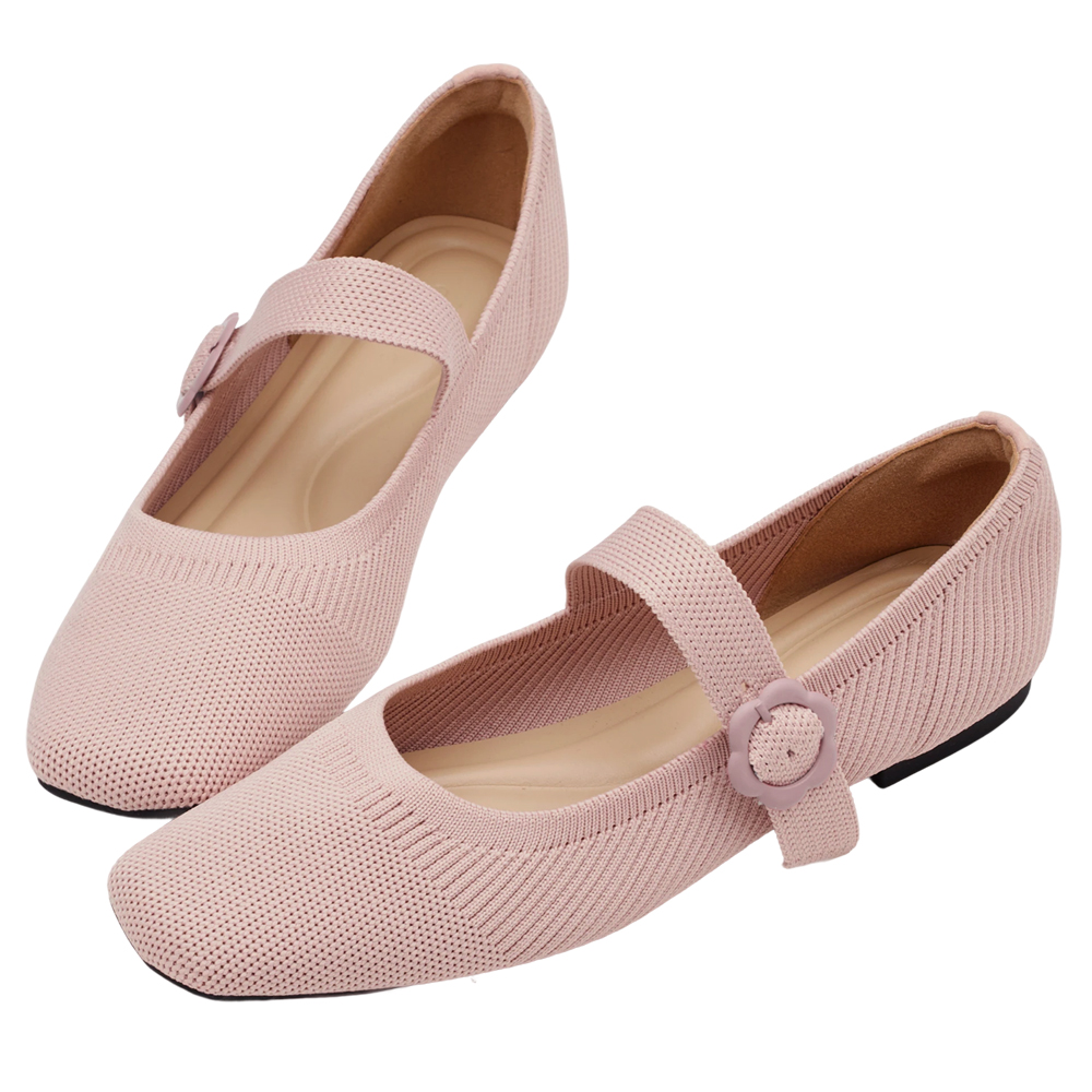 Grace Gift 平價女鞋 零著感方頭 花釦柔織軟墊瑪莉珍鞋 粉紅色 平底瑪莉珍鞋 實拍圖