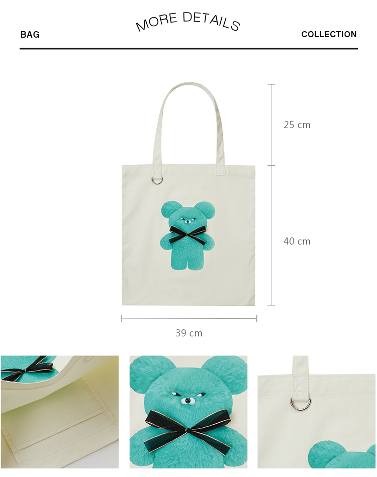 GraceGift Wasabi Bear聯名 芥末熊 立體蝴蝶結印花日常帆布包 藍綠色 實拍圖