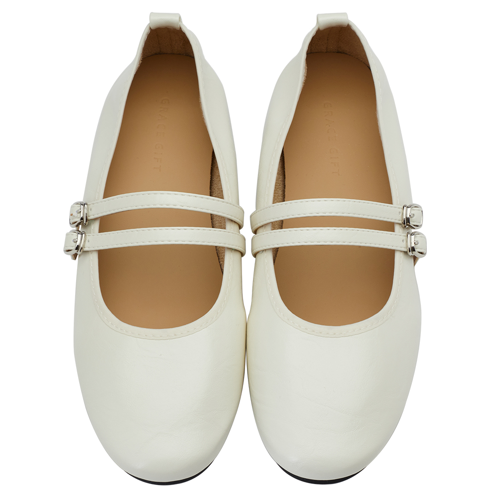 GraceGift平價女鞋 時尚秀場 圓頭 奶油雲朵極軟加厚乳膠芭蕾瑪莉珍鞋 米白色