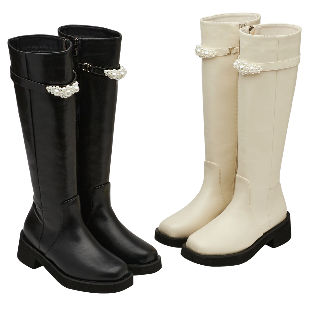 奕潔聯名-法式珠寶盒方頭2WAY珍珠顯瘦長靴 黑