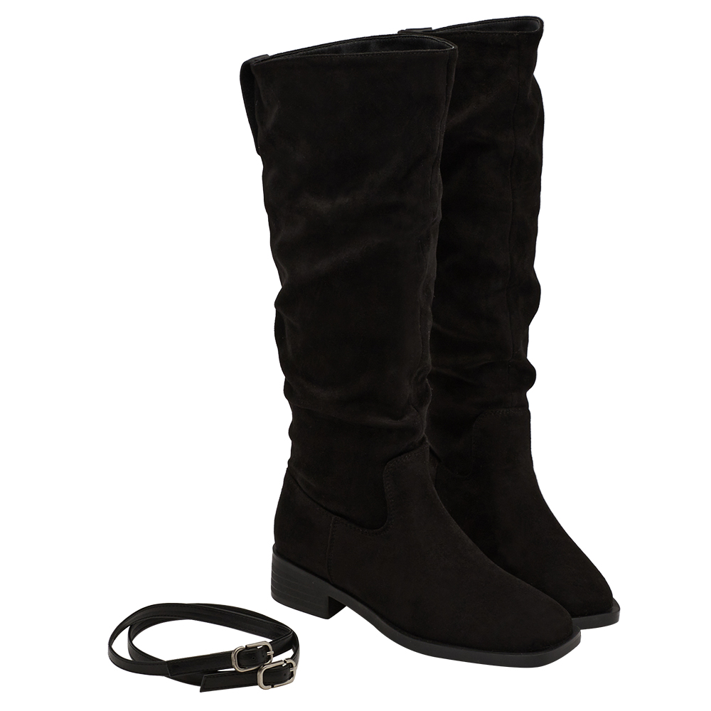 韓系層次方頭2way皮帶環堆堆機車長靴 黑