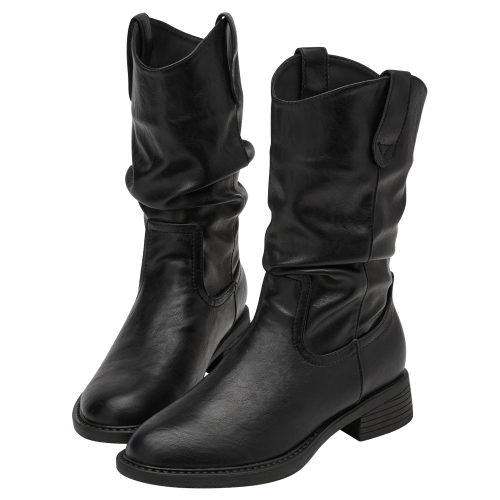 秋日復古皮革V口抓皺西部堆堆靴 黑