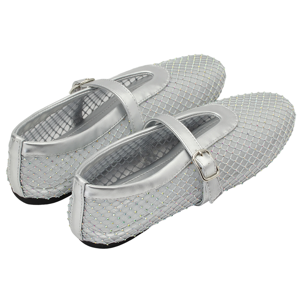 Grace Gift 平價女鞋 夢幻細鑽 編織網面瑪莉珍鞋 銀色 平底瑪莉珍鞋 實拍圖