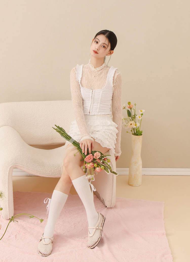 GraceGift 平價女鞋 個性網面 細閃芭蕾舞娃娃鞋 杏色 平底娃娃鞋 實拍圖