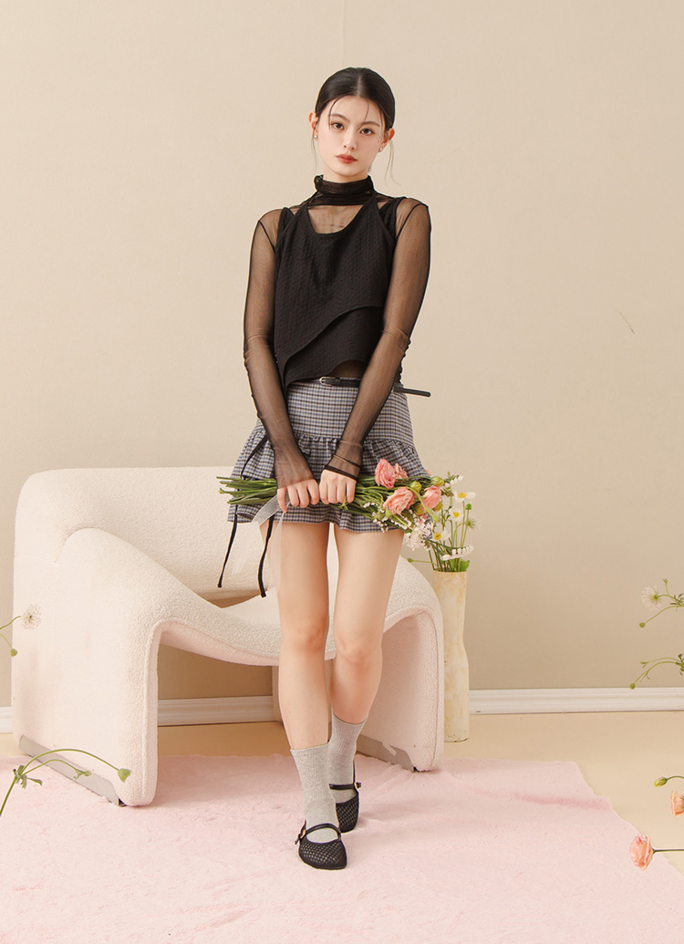 GraceGift平價女鞋 名人時尚 透膚網面 平底瑪莉珍鞋 黑色