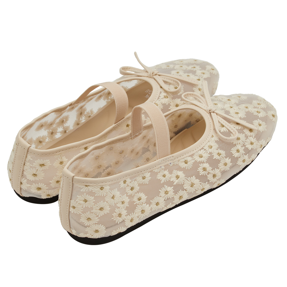 GraceGift平價女鞋 春日花園 蝴蝶結網紗 平底瑪莉珍鞋 杏色