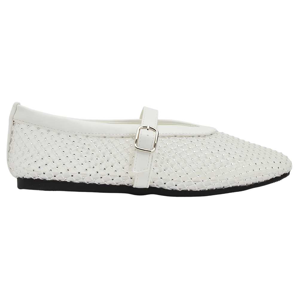 Grace Gift 平價女鞋 夢幻細鑽 編織網面瑪莉珍鞋 白色 平底瑪莉珍鞋 實拍圖