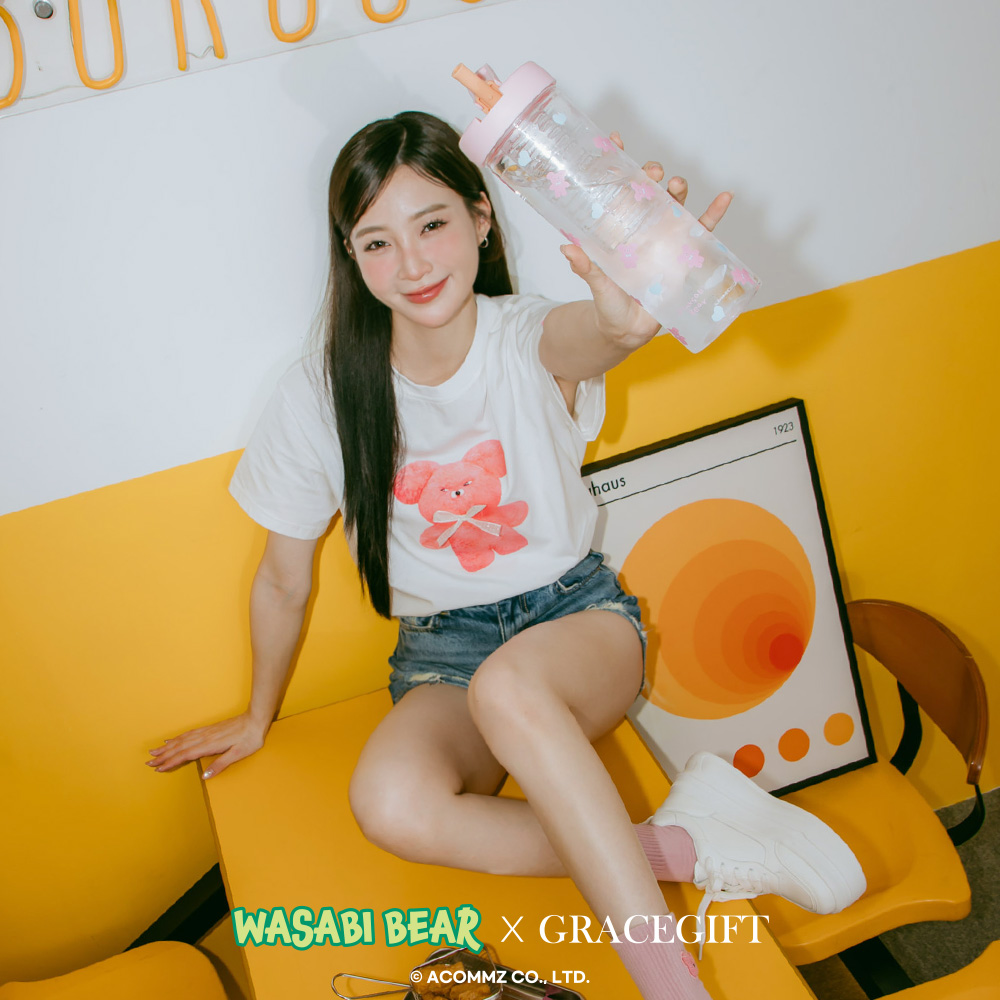 GraceGift Wasabi Bear聯名 粉芥末熊滿版印花透明吸管杯(800ml) 粉