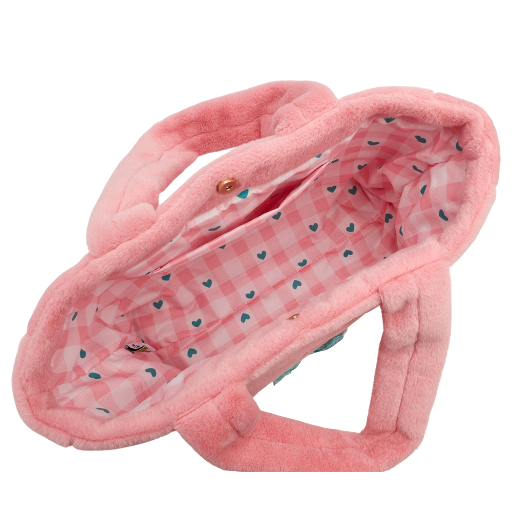 Grace Gift 平價女鞋 Wasabi Bear 聯名 粉芥末熊 格紋絨毛電繡 托特包 粉紅色 實拍圖