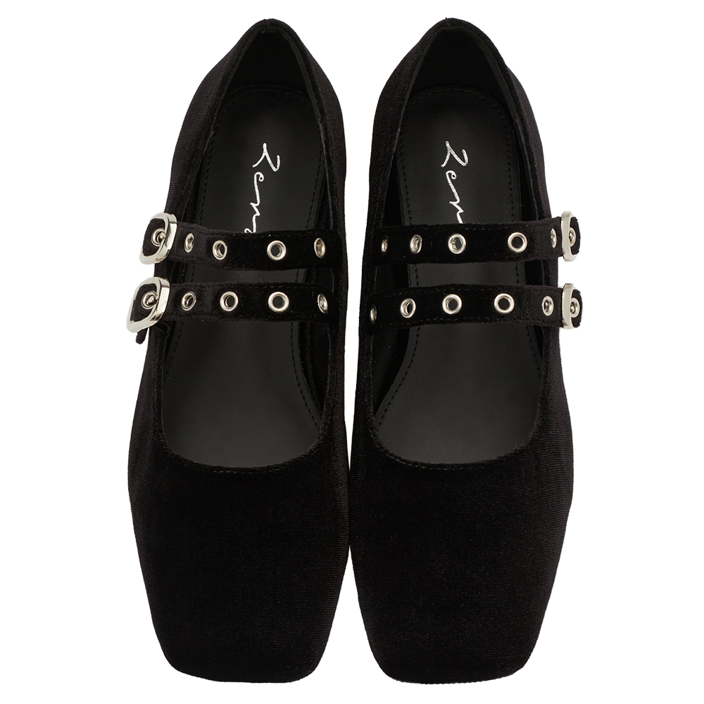 李柔聯名-甜酷序曲方頭金屬雙帶芭蕾舞瑪莉珍鞋 黑絨布