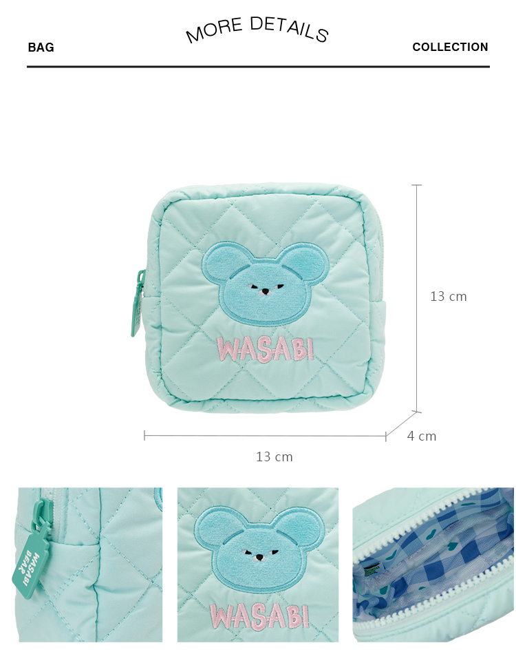 GraceGift Wasabi Bear聯名 芥末熊 格紋鋪棉收納包 藍綠色 實拍圖