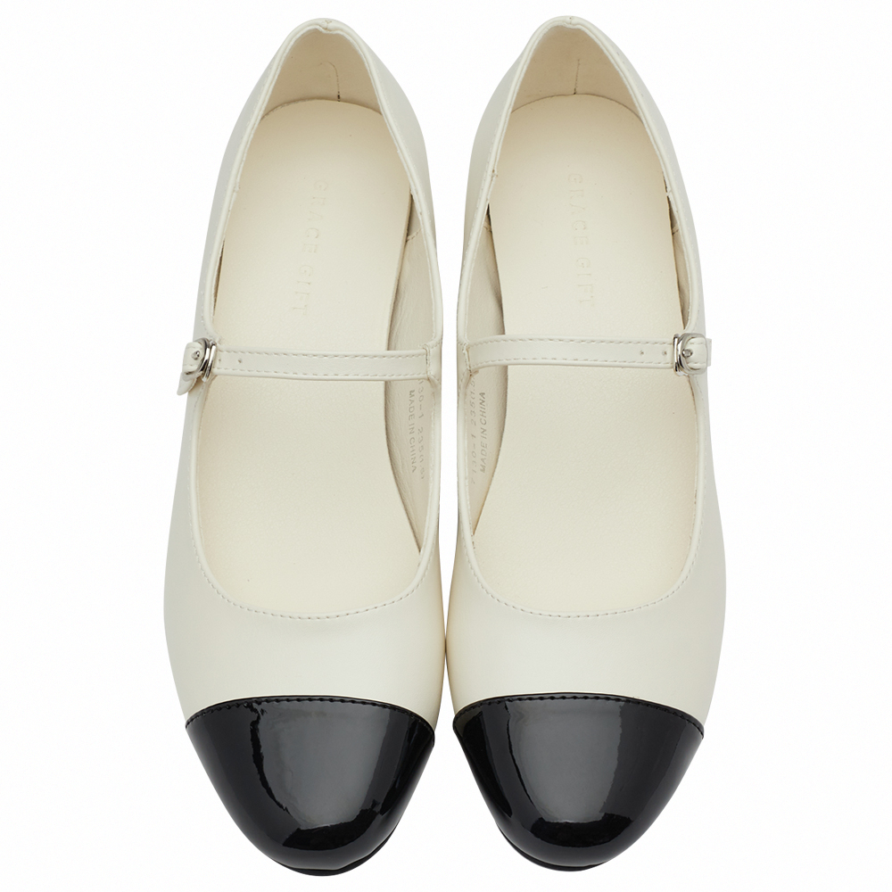 GraceGift平價女鞋 時尚秀場 圓頭 經典法式雙色小香風低跟瑪莉珍鞋   白身黑頭色