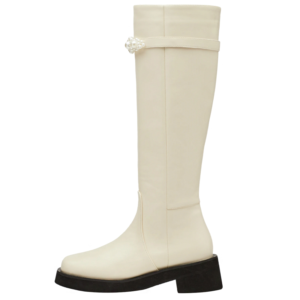 奕潔聯名-法式珠寶盒方頭2WAY珍珠顯瘦長靴 米白