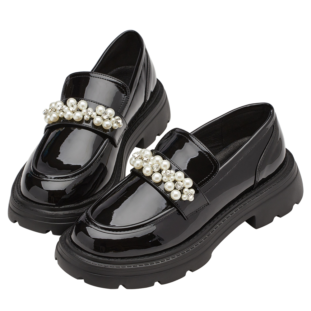 小貓聯名-奢耀珍珠水鑽輕量厚底樂福鞋 黑漆