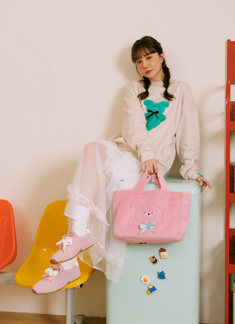 Grace Gift 平價女鞋 Wasabi Bear 聯名 粉芥末熊 休閒運動鞋 粉紅色 穿搭實拍