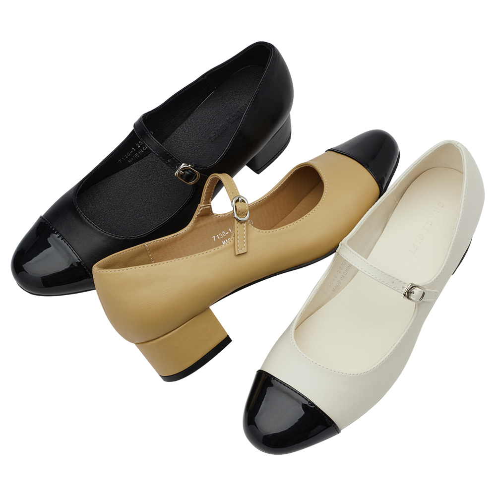 GraceGift平價女鞋 時尚秀場 圓頭 經典法式雙色小香風低跟瑪莉珍鞋  黑色