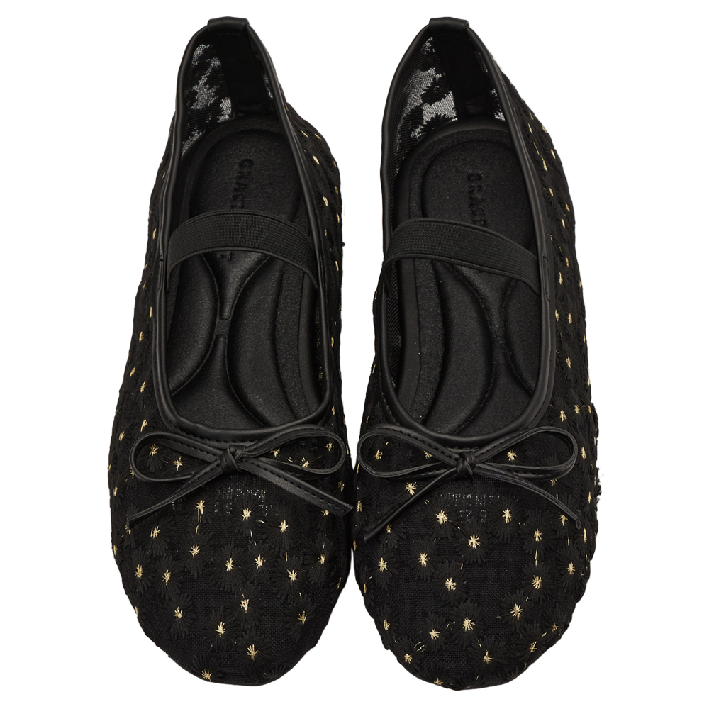 GraceGift平價女鞋 春日花園 蝴蝶結網紗 平底瑪莉珍鞋 黑色