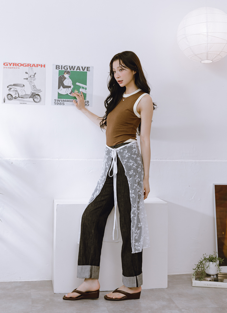 GraceGift 平價女鞋 時尚秀場 方頭 韓系慵懶人字中跟拖鞋 咖色