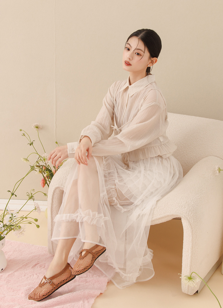 GraceGift 平價女鞋 個性網面 細閃芭蕾舞娃娃鞋 棕色 平底娃娃鞋 實拍圖