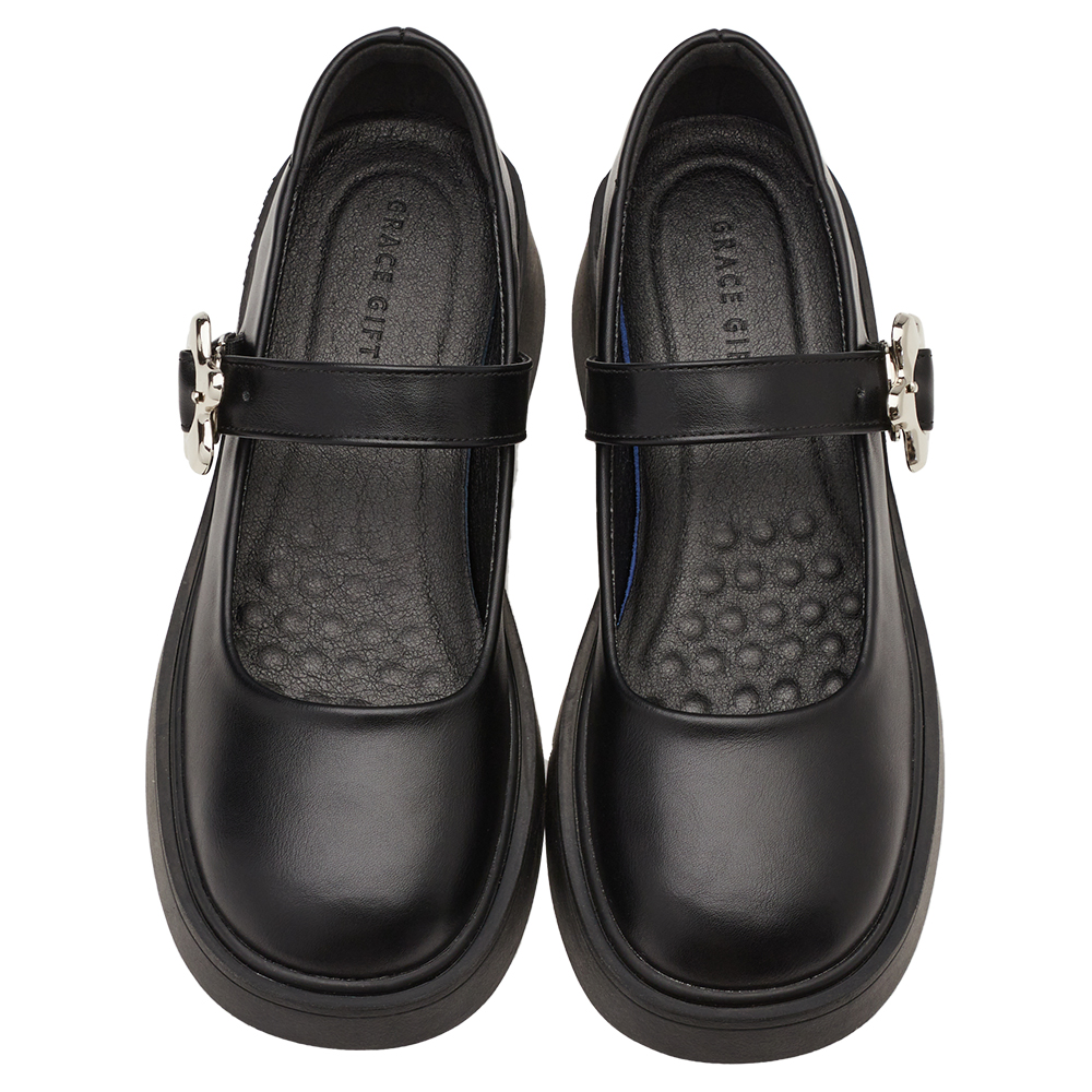 甜酷少女金屬小花扣輕量瑪莉珍鞋 黑