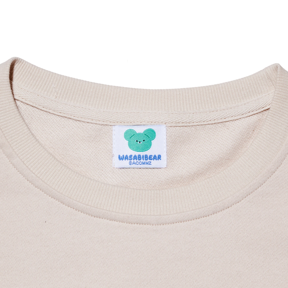 GraceGift Wasabi Bear聯名 芥末熊 蝴蝶結撞色印花大學T 卡其色 實拍圖