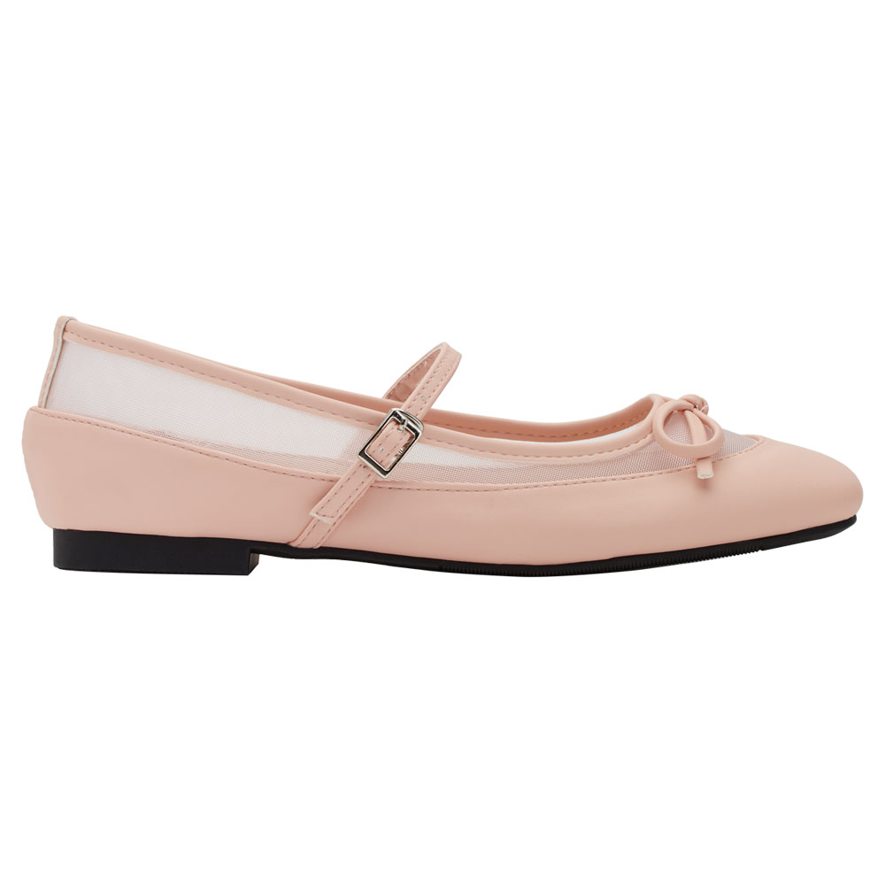 GraceGift平價女鞋 時尚秀場 方圓頭 復古芭比網紗拼接芭蕾平底瑪莉珍鞋  粉色