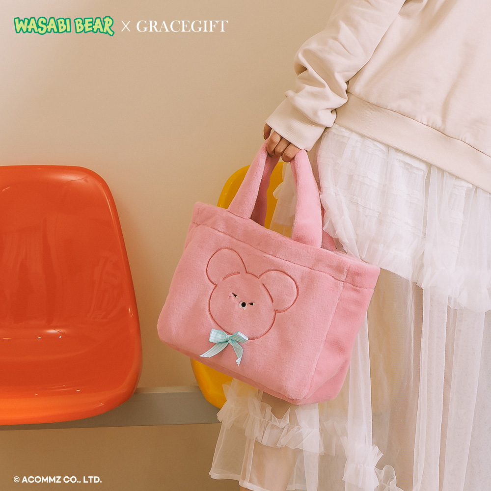 Grace Gift 平價女鞋 Wasabi Bear 聯名 粉芥末熊 格紋絨毛電繡 托特包 粉紅色 實拍圖