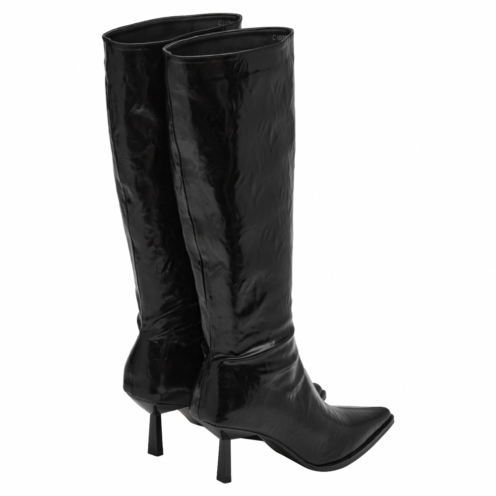 悅悅聯名-高級冷感漆皮尖頭細跟及膝長靴 黑