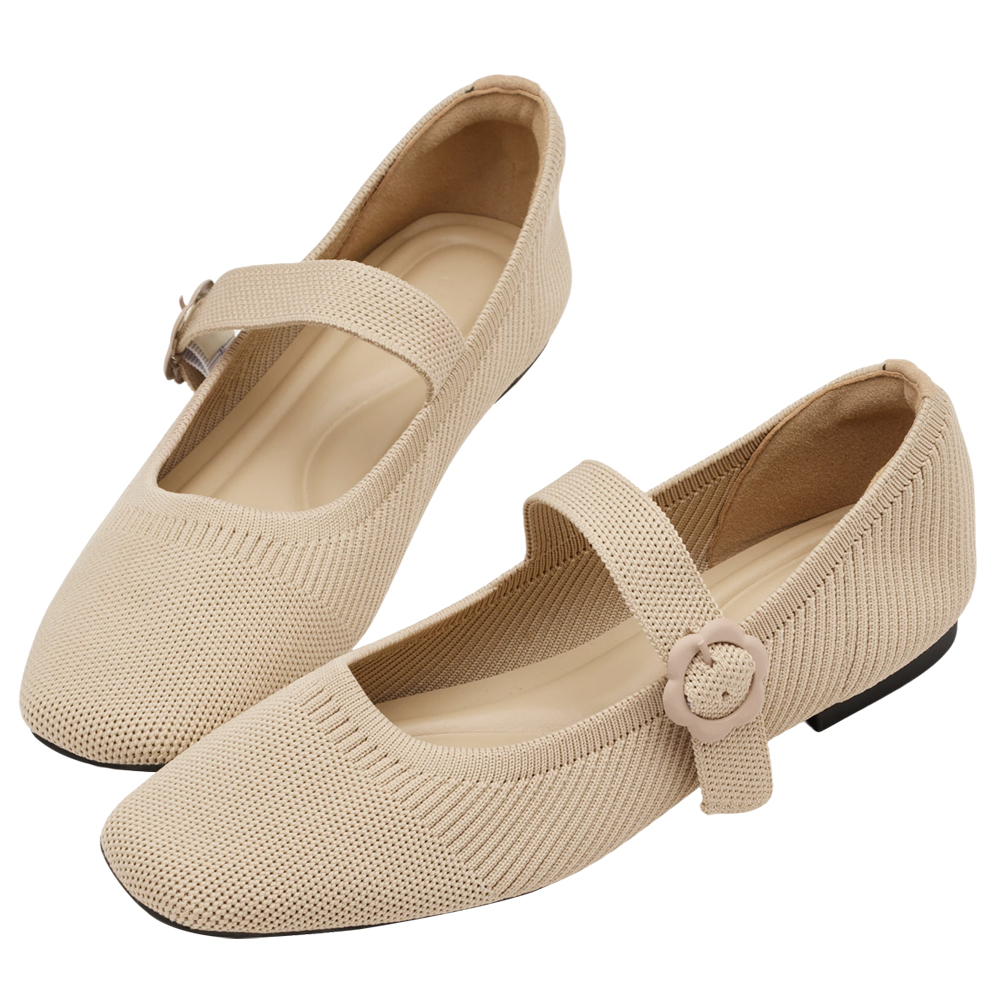 Grace Gift 平價女鞋 零著感方頭 花釦柔織軟墊瑪莉珍鞋 杏色 平底瑪莉珍鞋 實拍圖