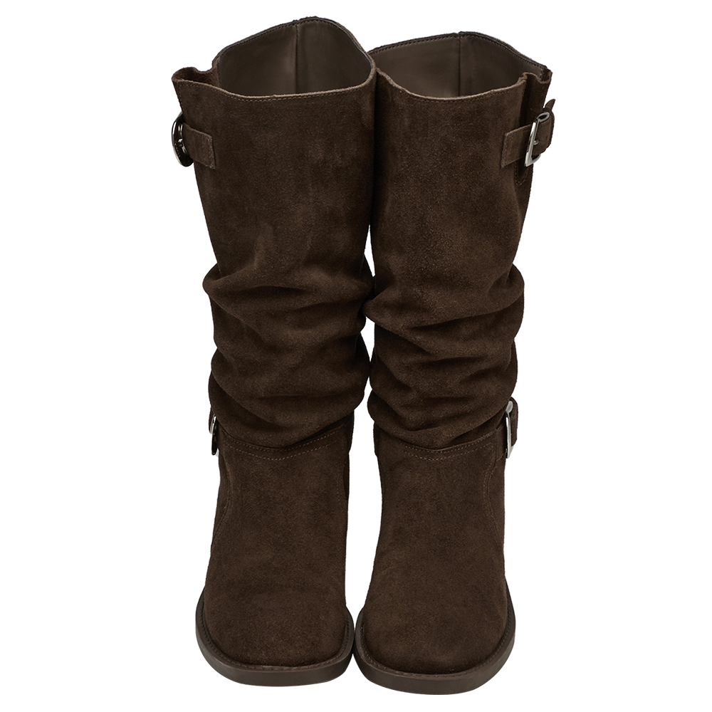 慵懶隨性麂皮雙層皮帶扣堆堆長靴 咖