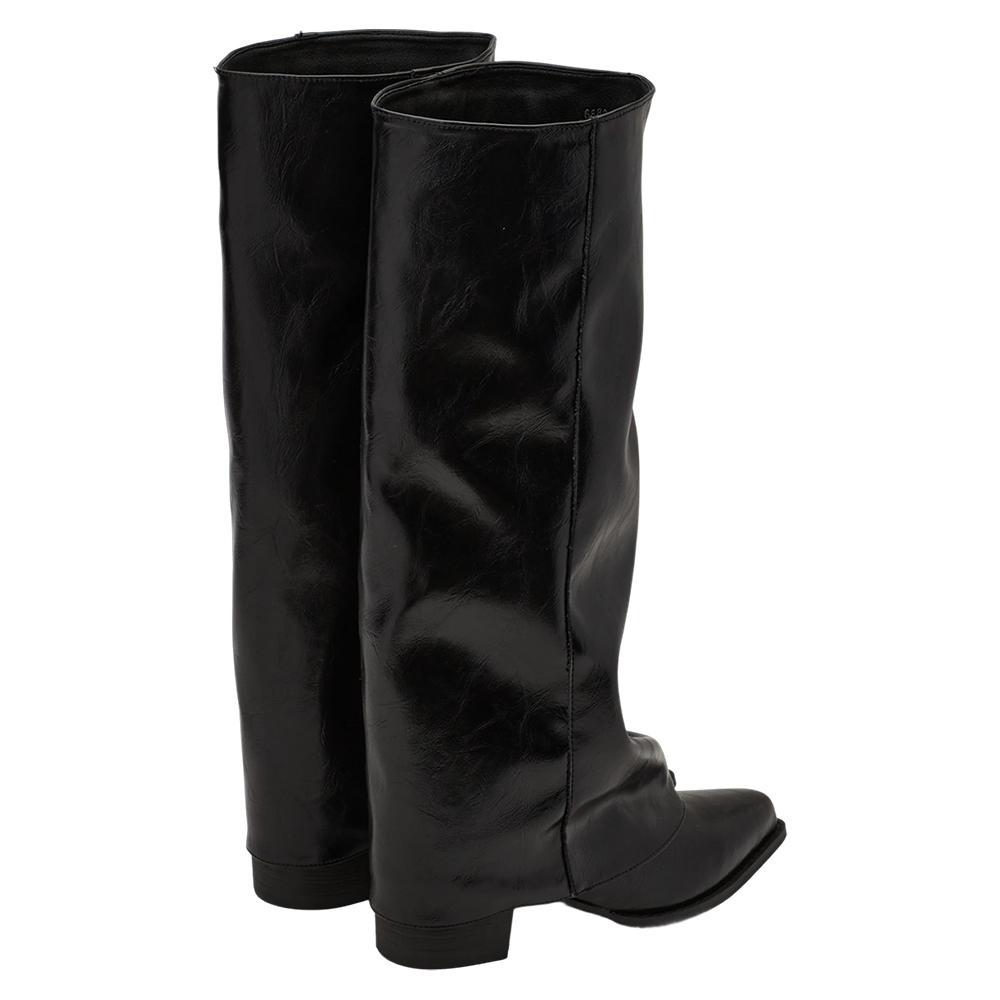 時尚秀場尖頭中跟堆堆褲管長靴 黑