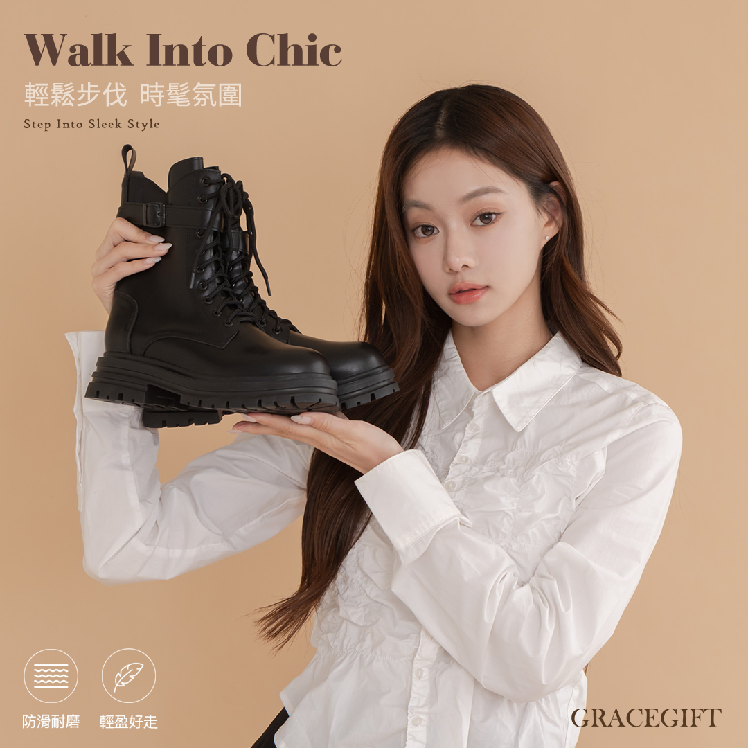 GraceGift平價女鞋 甜酷必備率性釦帶厚底綁帶短靴、黑色厚底短靴