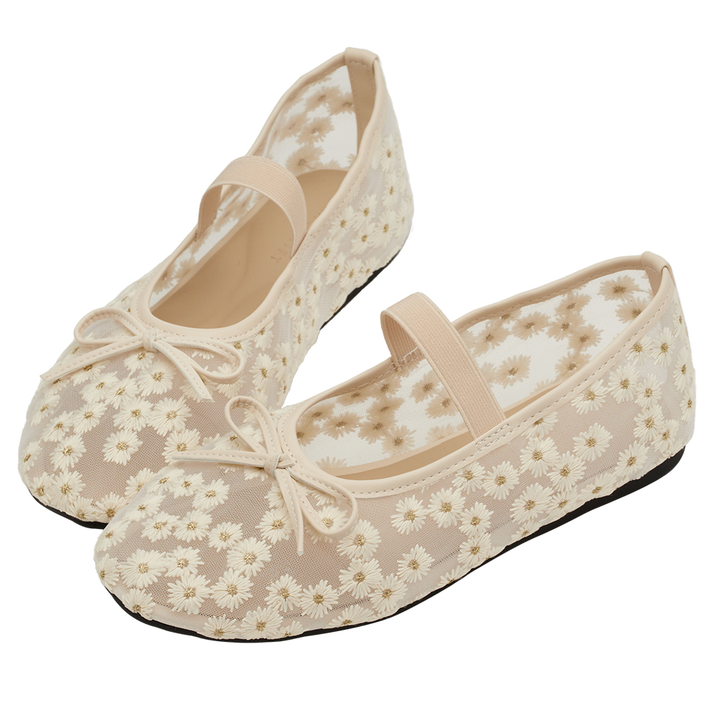 GraceGift平價女鞋 春日花園 蝴蝶結網紗 平底瑪莉珍鞋 杏色