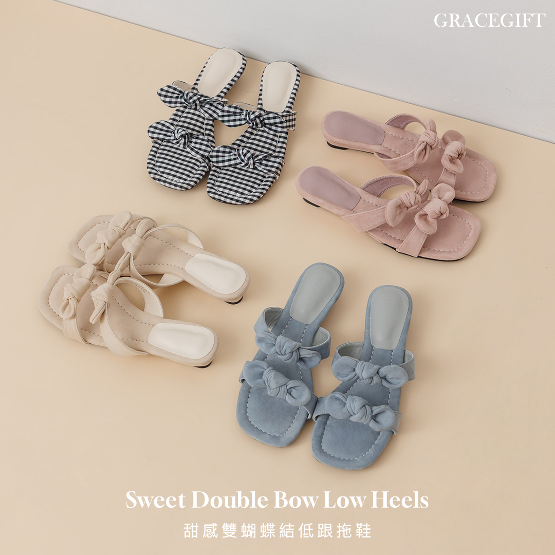 GraceGift平價女鞋 時尚秀場 方頭 日系漫步雙蝴蝶結楔型低跟拖鞋 藍色