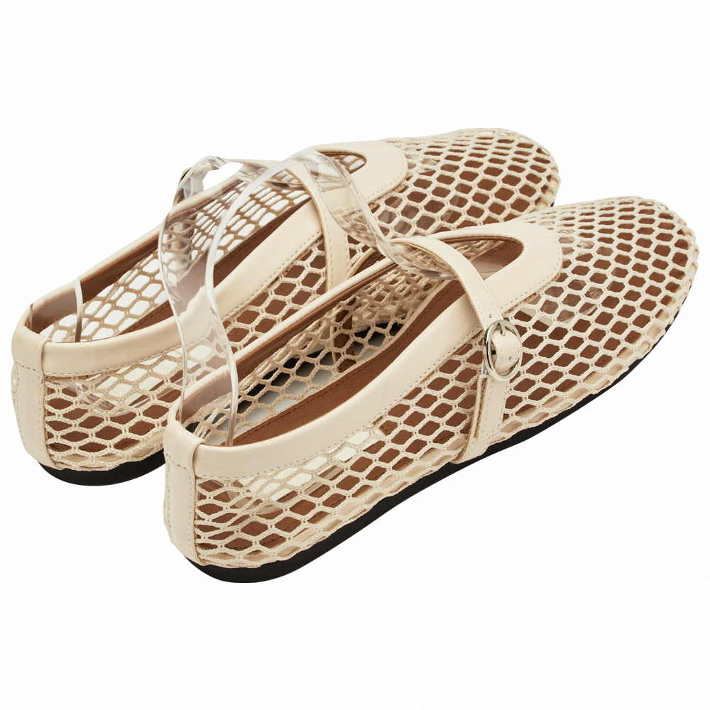 GraceGift 平價女鞋 個性網面 細閃芭蕾舞娃娃鞋 杏色 平底娃娃鞋 實拍圖