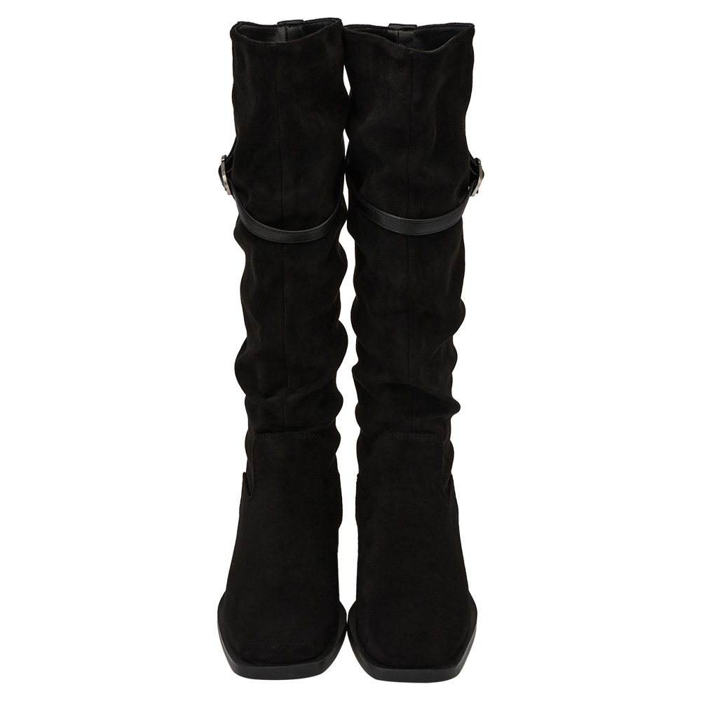 韓系層次方頭2way皮帶環堆堆機車長靴 黑