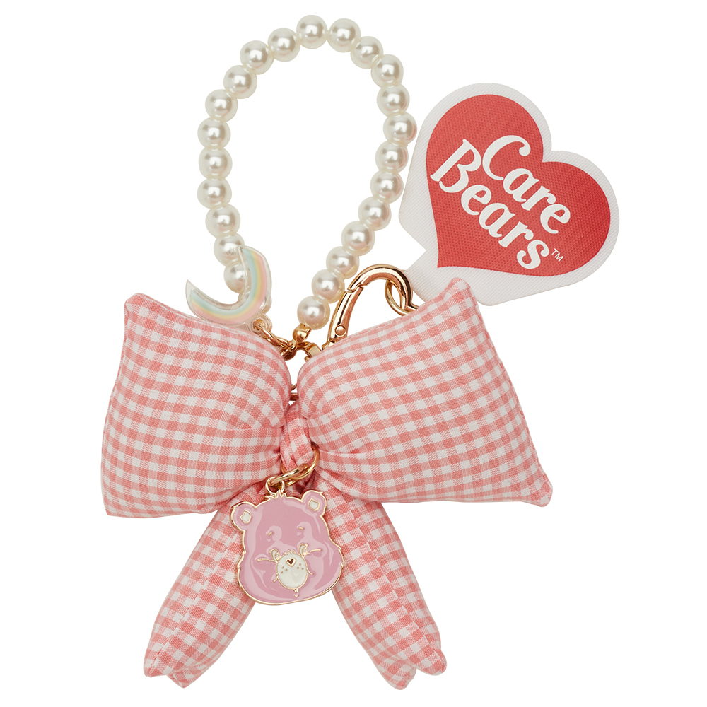 GraceGift CareBears聯名 樂觀小熊 Ribbon系列 格紋蝴蝶結珍珠手機鍊 黃