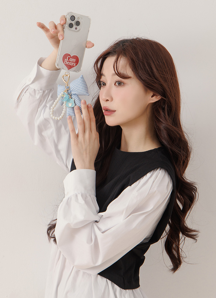 GraceGift CareBears聯名 幽默小熊 Ribbon系列 格紋蝴蝶結珍珠手機鍊 黃