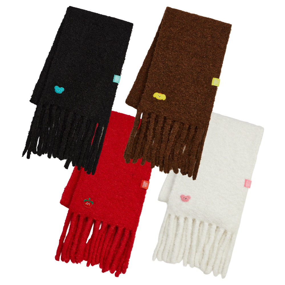 GraceGift Wasabi Bear聯名 辣椒醬熊 顆粒仿羊毛流蘇圍巾 正紅色 實拍圖