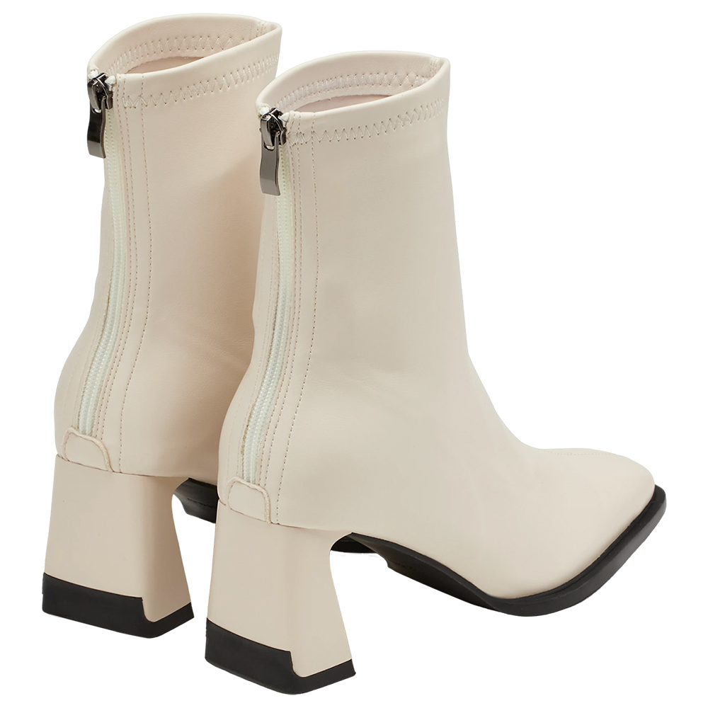 時髦歐膩方頭後拉鍊車線高跟襪靴 米白