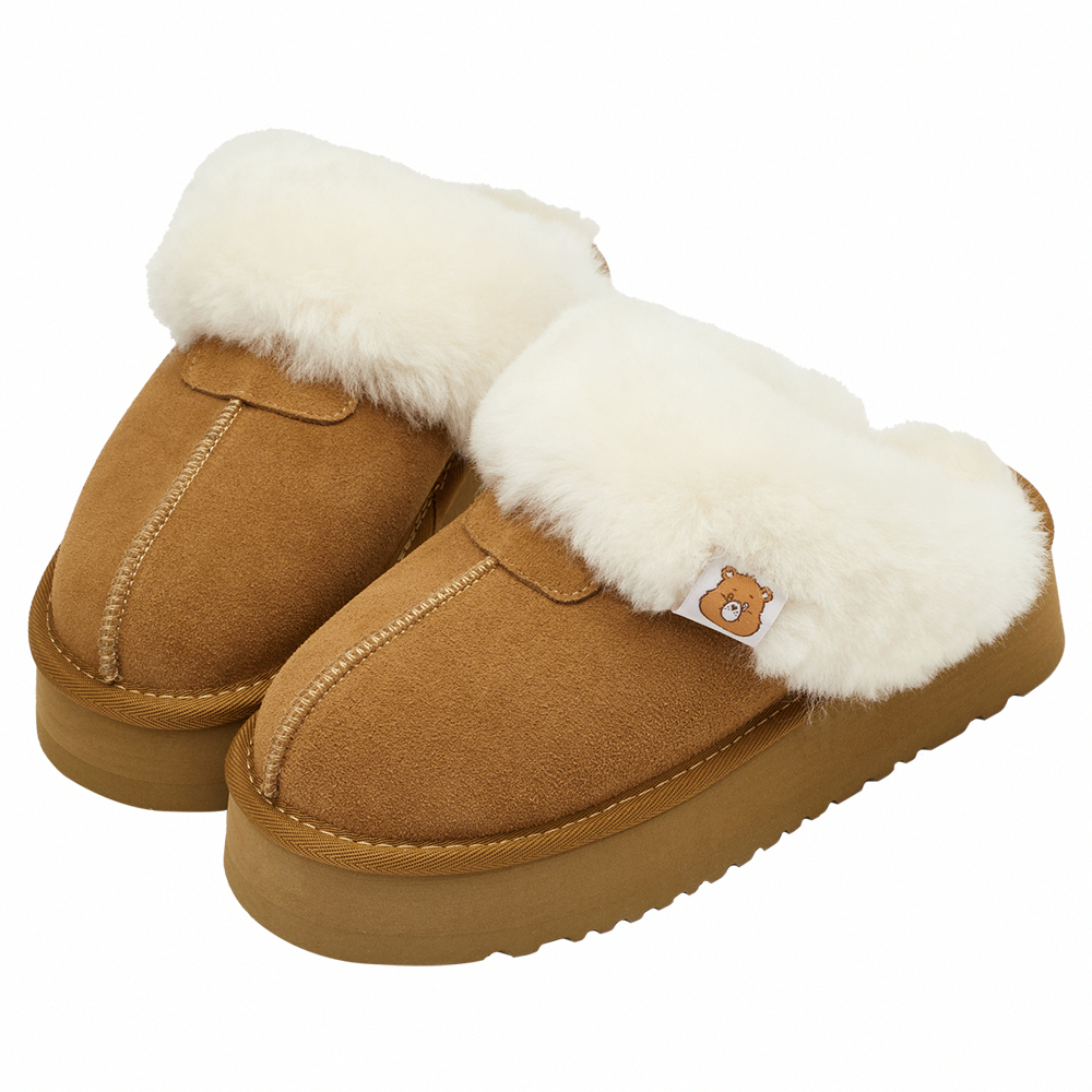 Care Bears-溫柔小熊牛麂皮羊毛厚底雪地拖鞋 棕