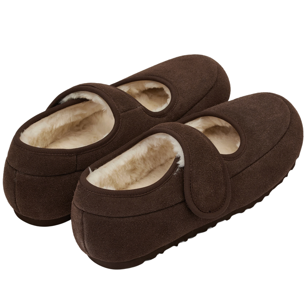 輕甜冬日真皮毛毛輕量瑪莉珍平底鞋 咖