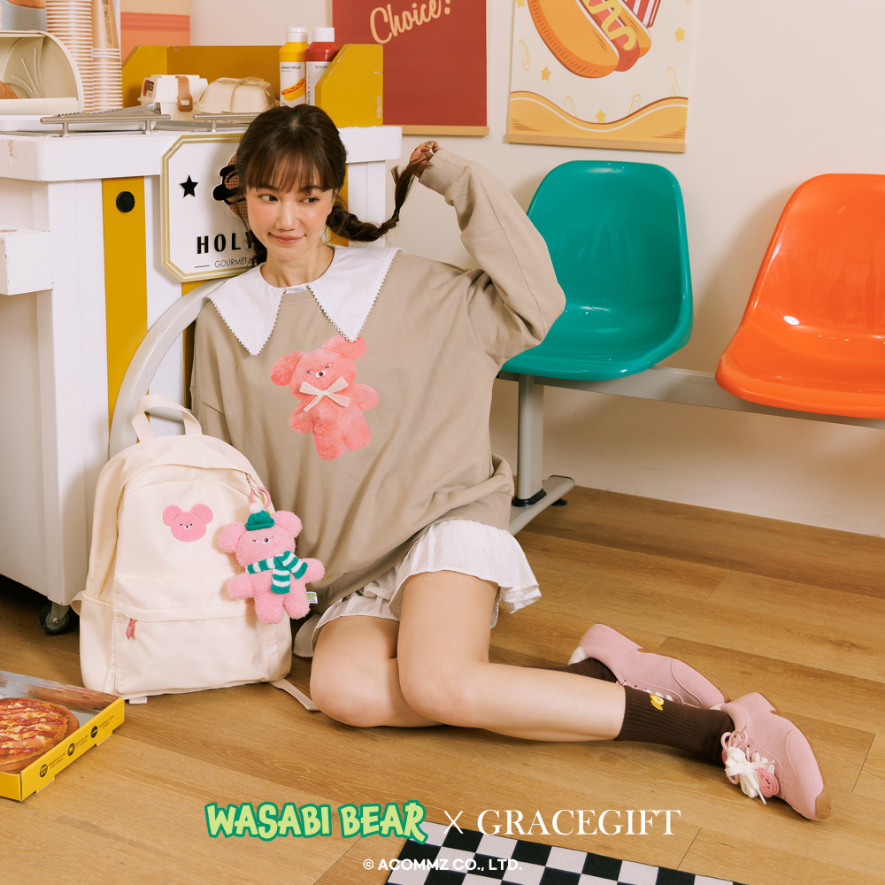 GraceGift Wasabi Bear聯名 粉芥末熊 吊牌輕便尼龍後背包 正紅色 實拍圖