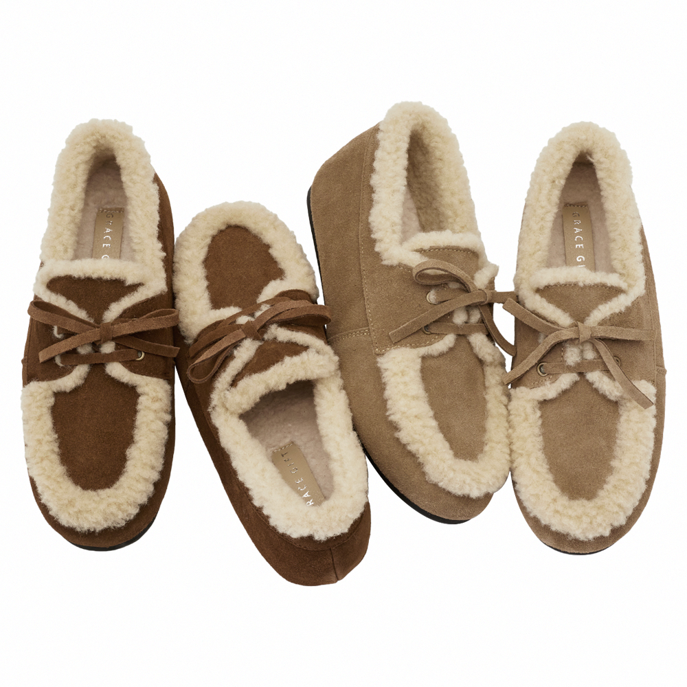 復古暖意真皮羊羔毛莫卡辛鞋 棕