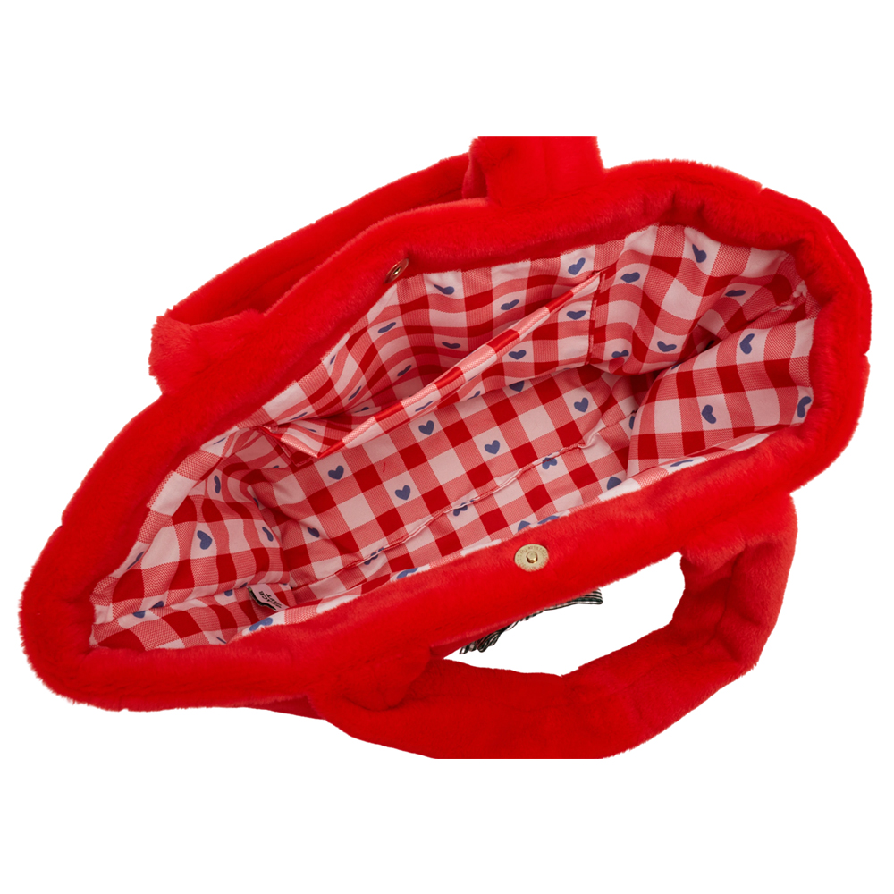 Grace Gift 平價女鞋 Wasabi Bear 聯名 辣椒醬熊 格紋絨毛電繡 托特包 正紅色 實拍圖