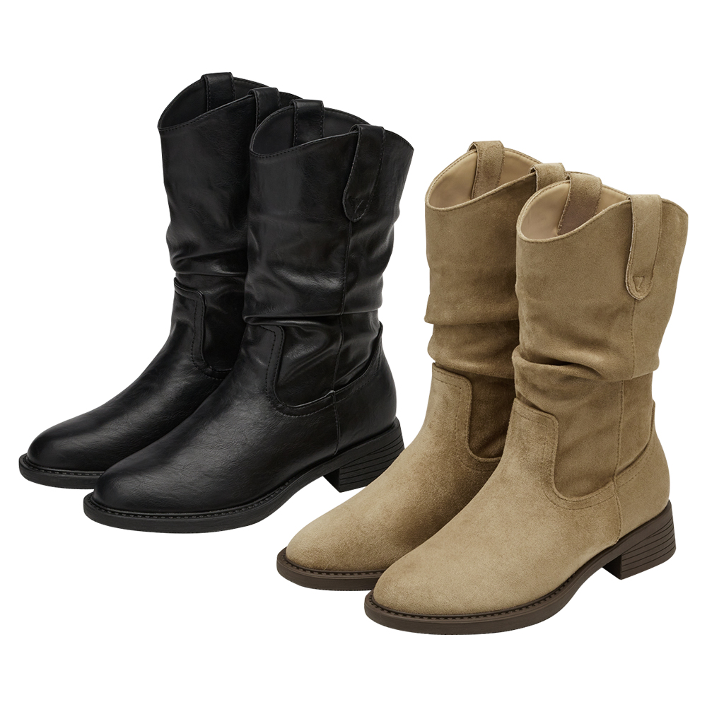 秋日復古皮革V口抓皺西部堆堆靴 淺駝