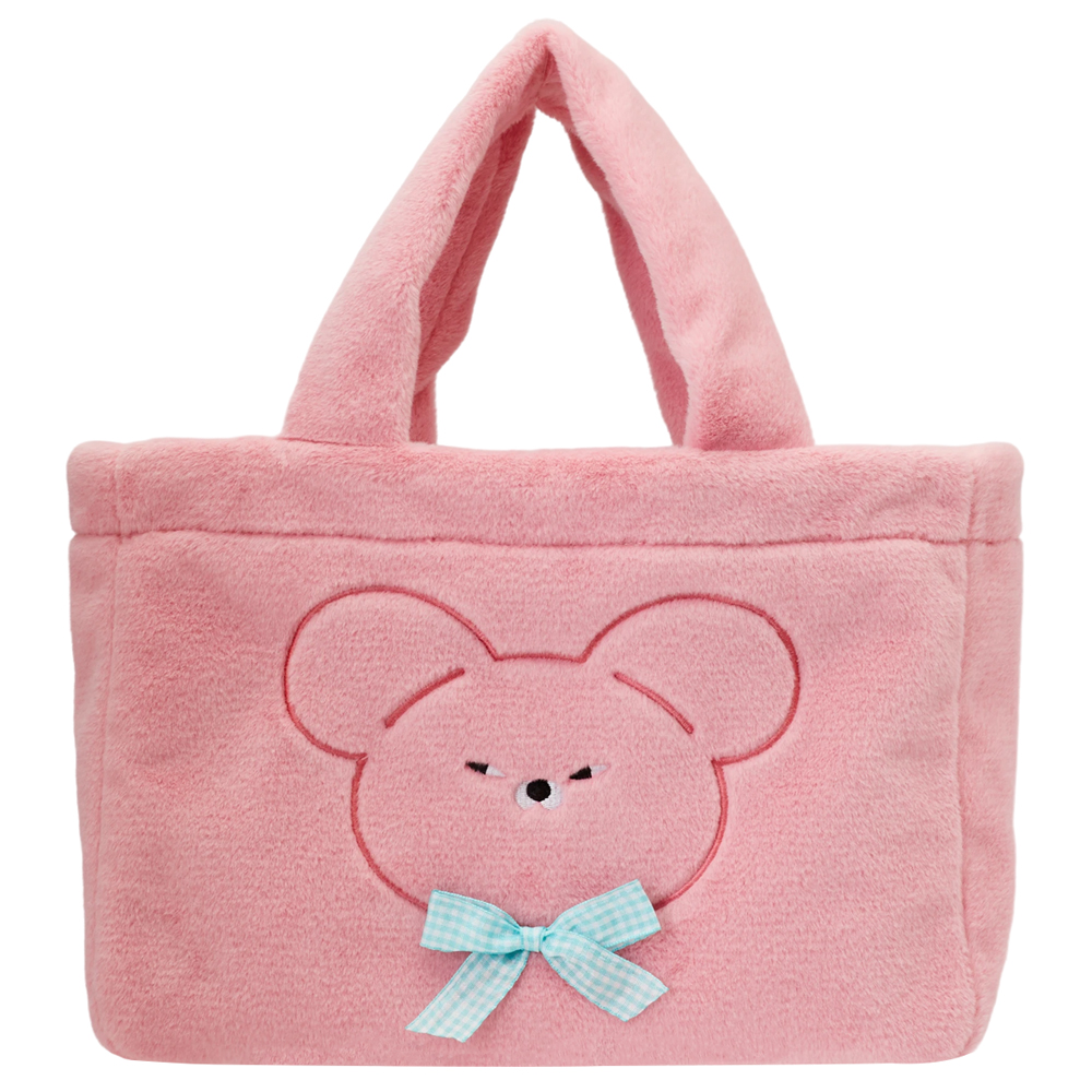 Grace Gift 平價女鞋 Wasabi Bear 聯名 粉芥末熊 格紋絨毛電繡 托特包 粉紅色 實拍圖