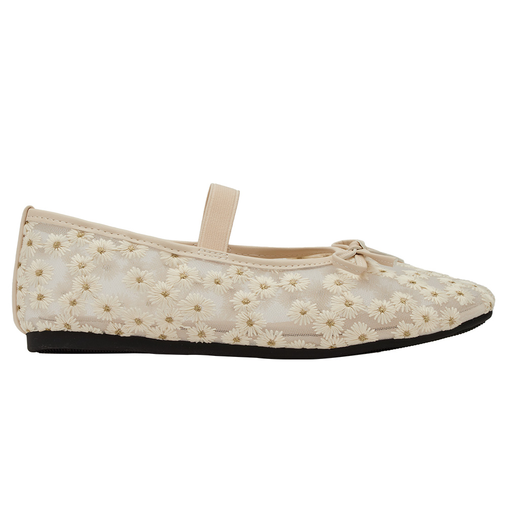 GraceGift平價女鞋 春日花園 蝴蝶結網紗 平底瑪莉珍鞋 杏色