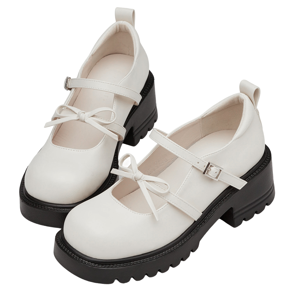 韓系方頭蝴蝶結雙帶輕量瑪莉珍鞋 米白