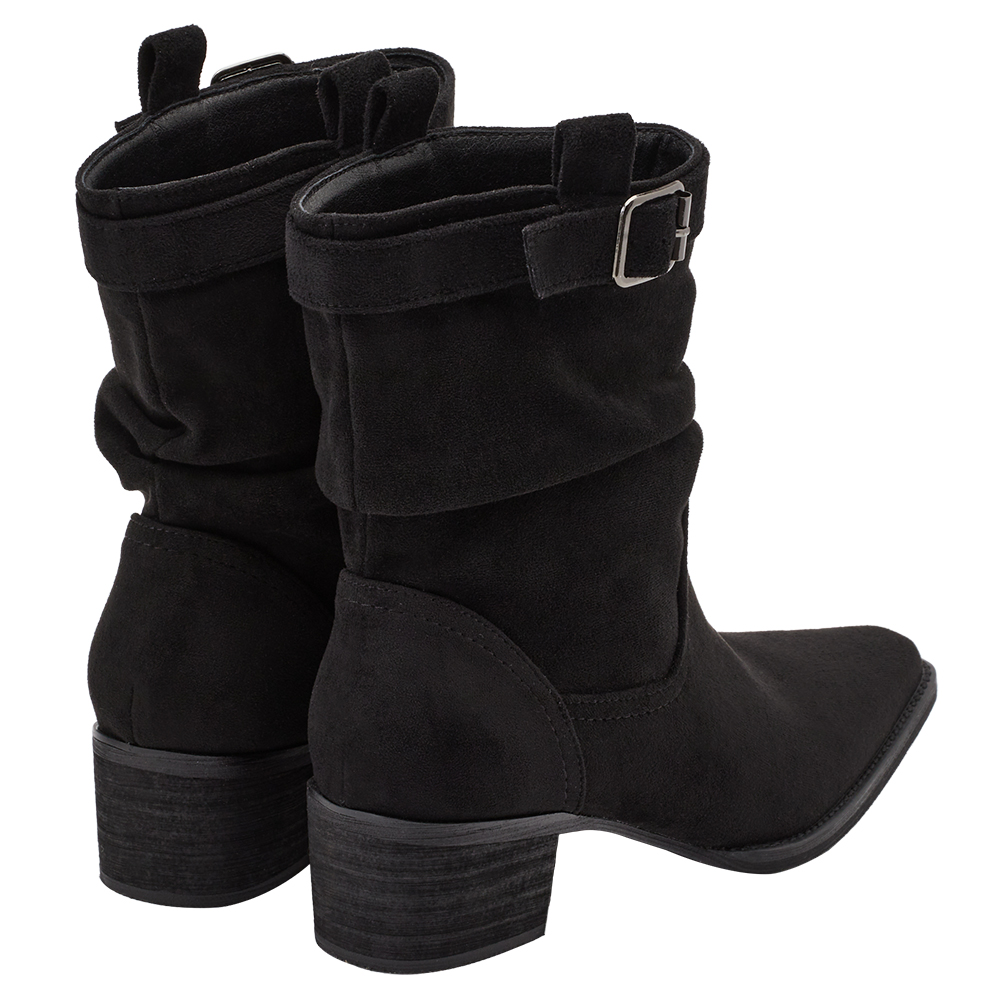 悅悅聯名-都會格調尖頭絨布2way堆堆低跟西部靴 黑絨布